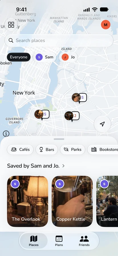 The Places map: a search bar, friend filter chips and photo pins, with a sheet of places saved by Sam and Jo