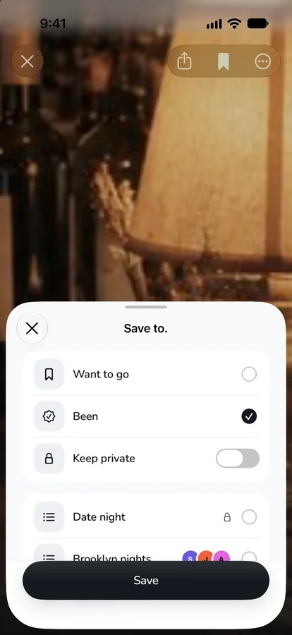 The save sheet: Want to go, Been, a Keep private switch and the user's lists