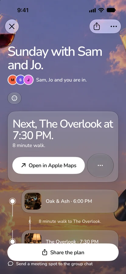 The plan between stops: Next, The Overlook at 7:30 PM, 8 minute walk, with an Open in Apple Maps button