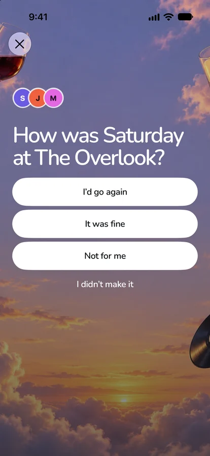 The morning after: How was Saturday at The Overlook? with I'd go again, It was fine and Not for me