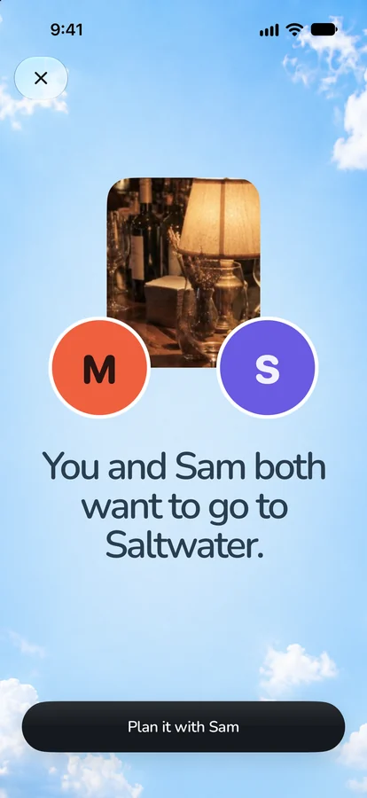 A match card on a sky background: You and Sam both want to go to Saltwater, with a Plan it with Sam button