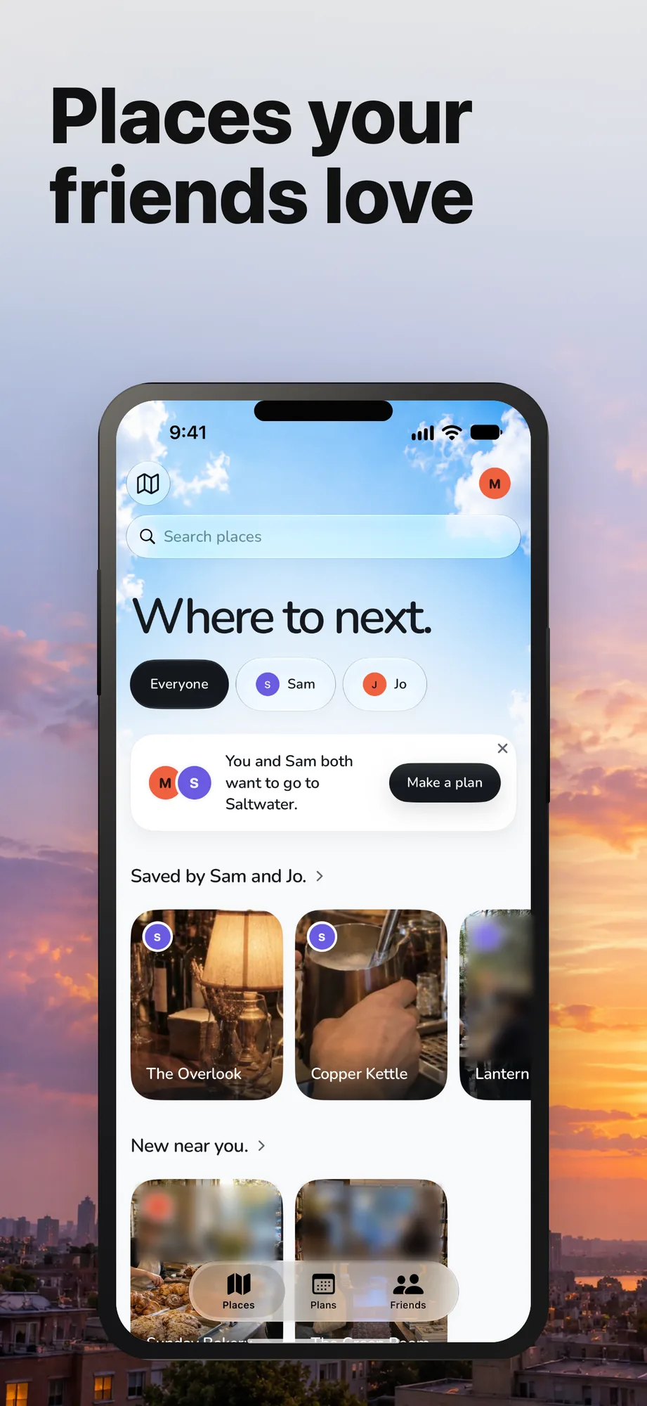 App Store card: the Places home, a map with shelves of spots friends saved, over a dusk sky