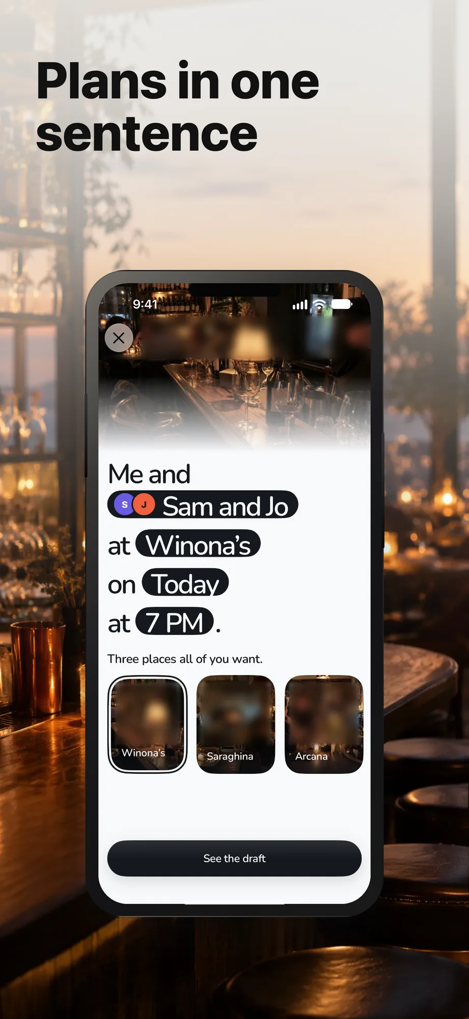 App Store card: the plan sentence with Sam and Jo, a place, a day and a time filled in
