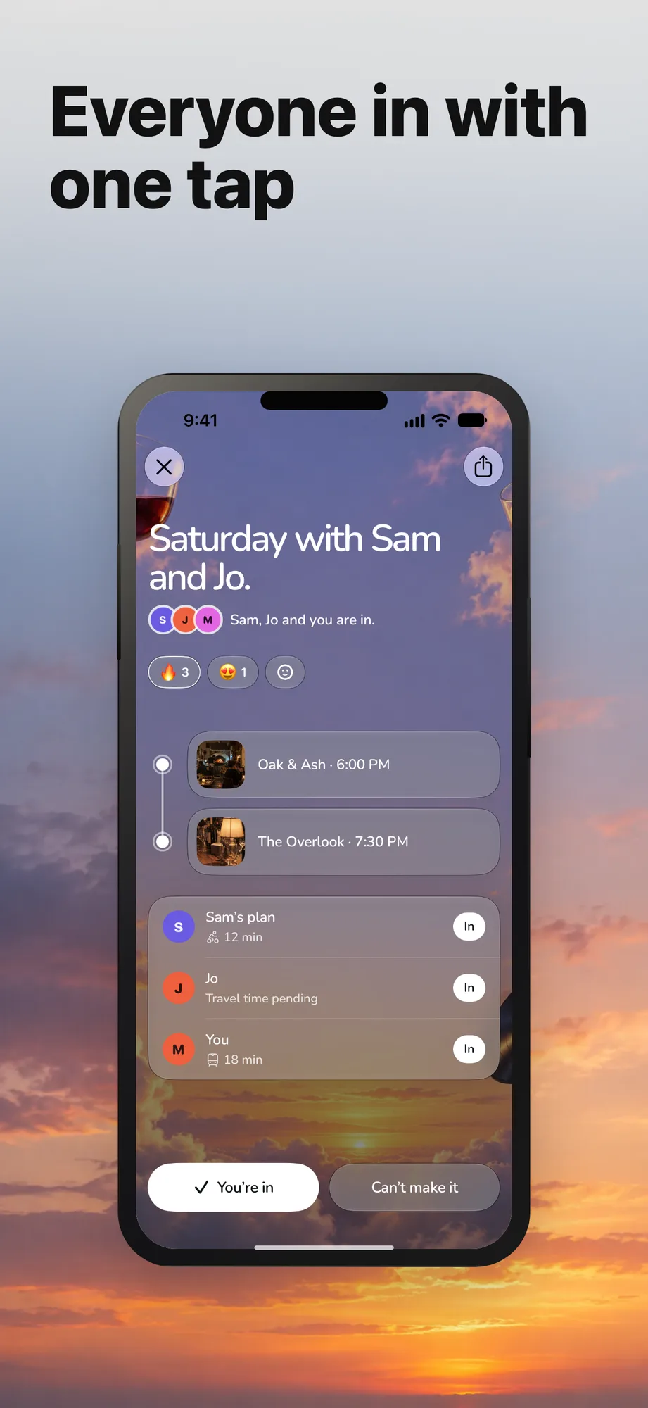 App Store card: the plan as a timeline on a dusk sky with everyone's RSVP