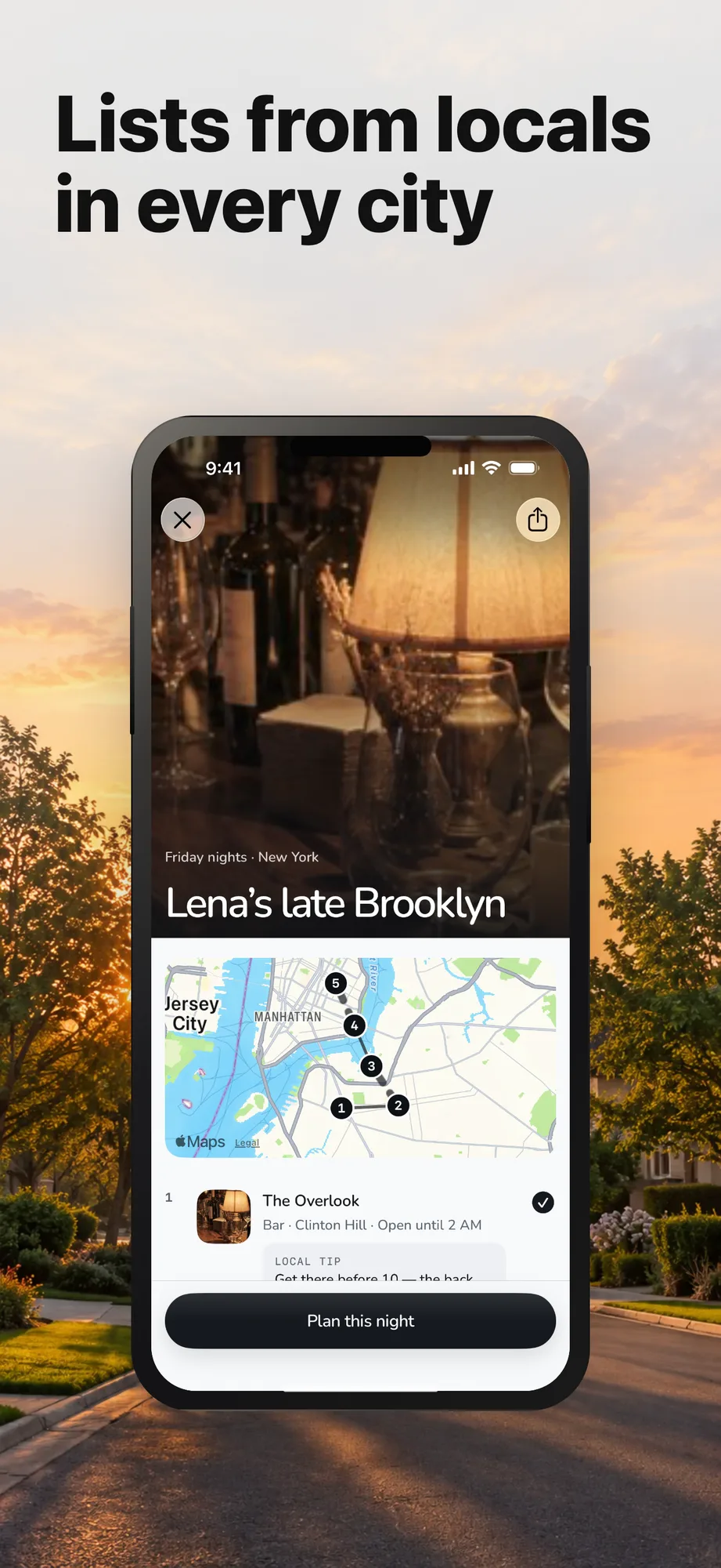 App Store card: a city list of five places with a route map between them