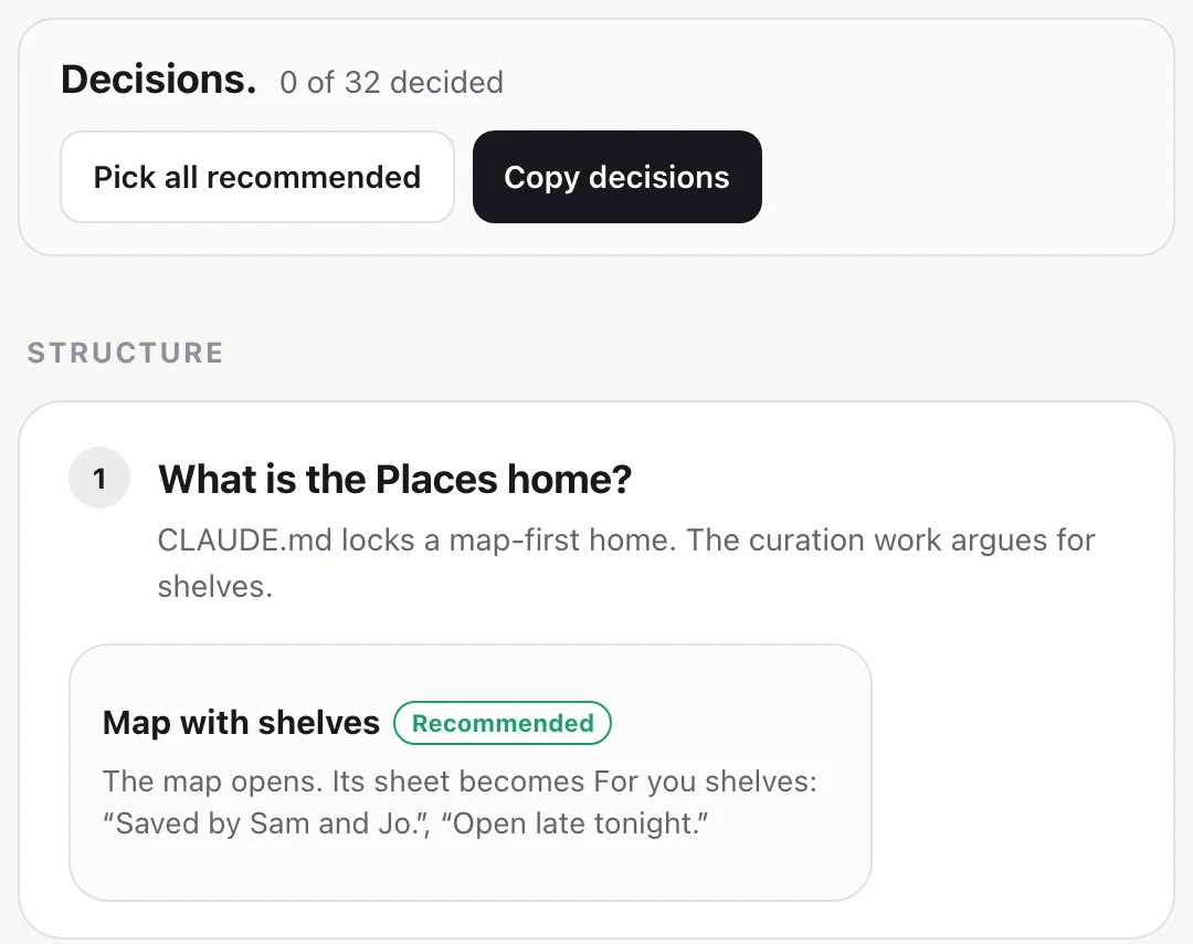 The decision board's top bar: Decisions, 0 of 32 decided, Pick all recommended and Copy decisions, above question 1, What is the Places home?, with Map with shelves marked Recommended