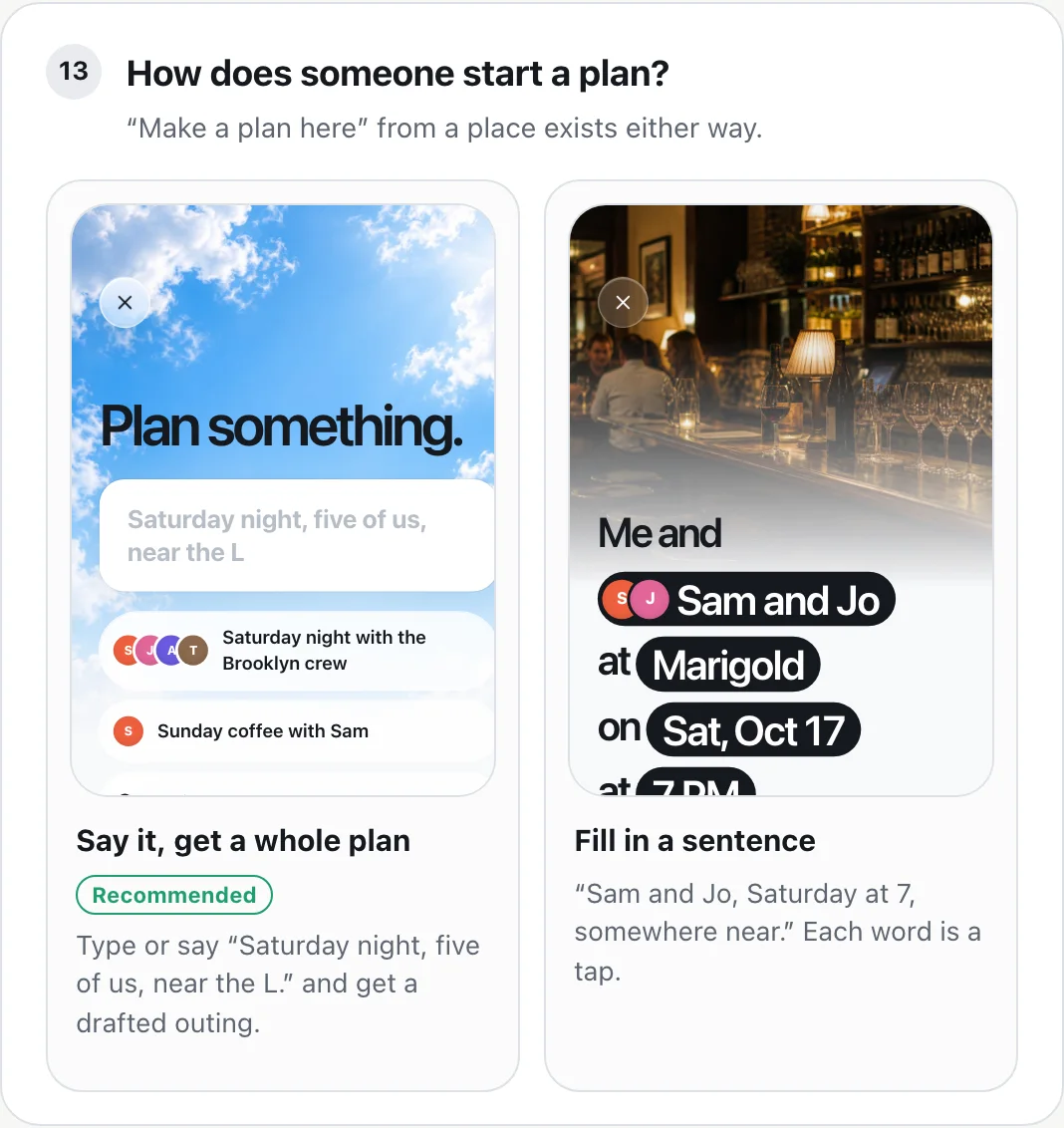 Question 13, How does someone start a plan?: Say it, get a whole plan, marked Recommended, next to Fill in a sentence