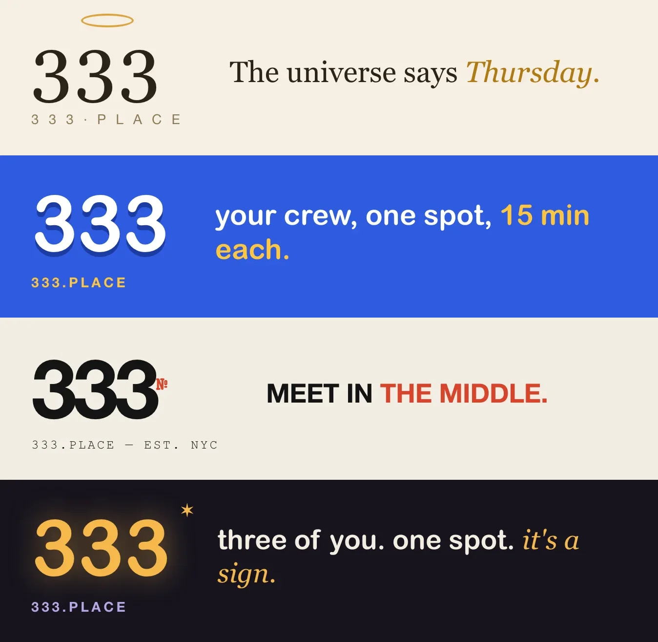 The four brand worlds as type: a golden serif 333 with The universe says Thursday; a blue candy 333 with your crew, one spot, 15 min each; a black grotesk 333 with MEET IN THE MIDDLE; a glowing gold 333 at night with three of you. one spot. it's a sign