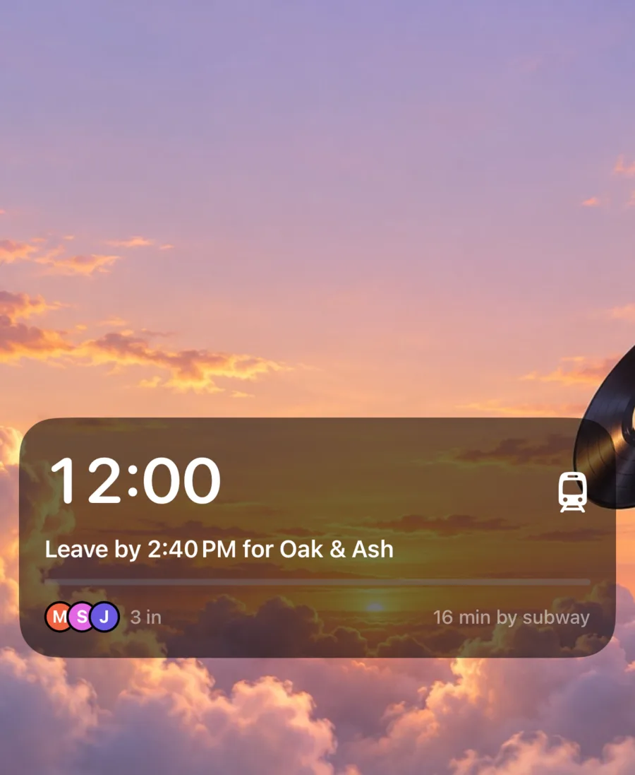 A Live Activity on a sunset lock screen: 12:00, leave by 2:40 PM for Oak & Ash, 16 min by subway
