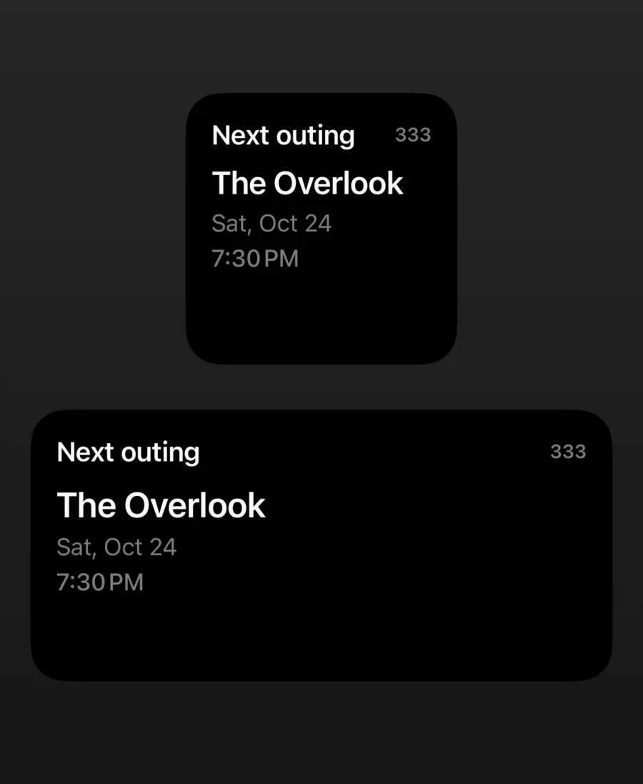 Two home screen widgets showing the next outing: The Overlook, Sat, Oct 24, 7:30 PM