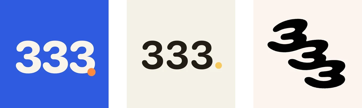 Three app icons: a white 333. with an orange period on blue, a black 333 with a yellow dot on cream, and three hand-drawn black 3s falling into each other