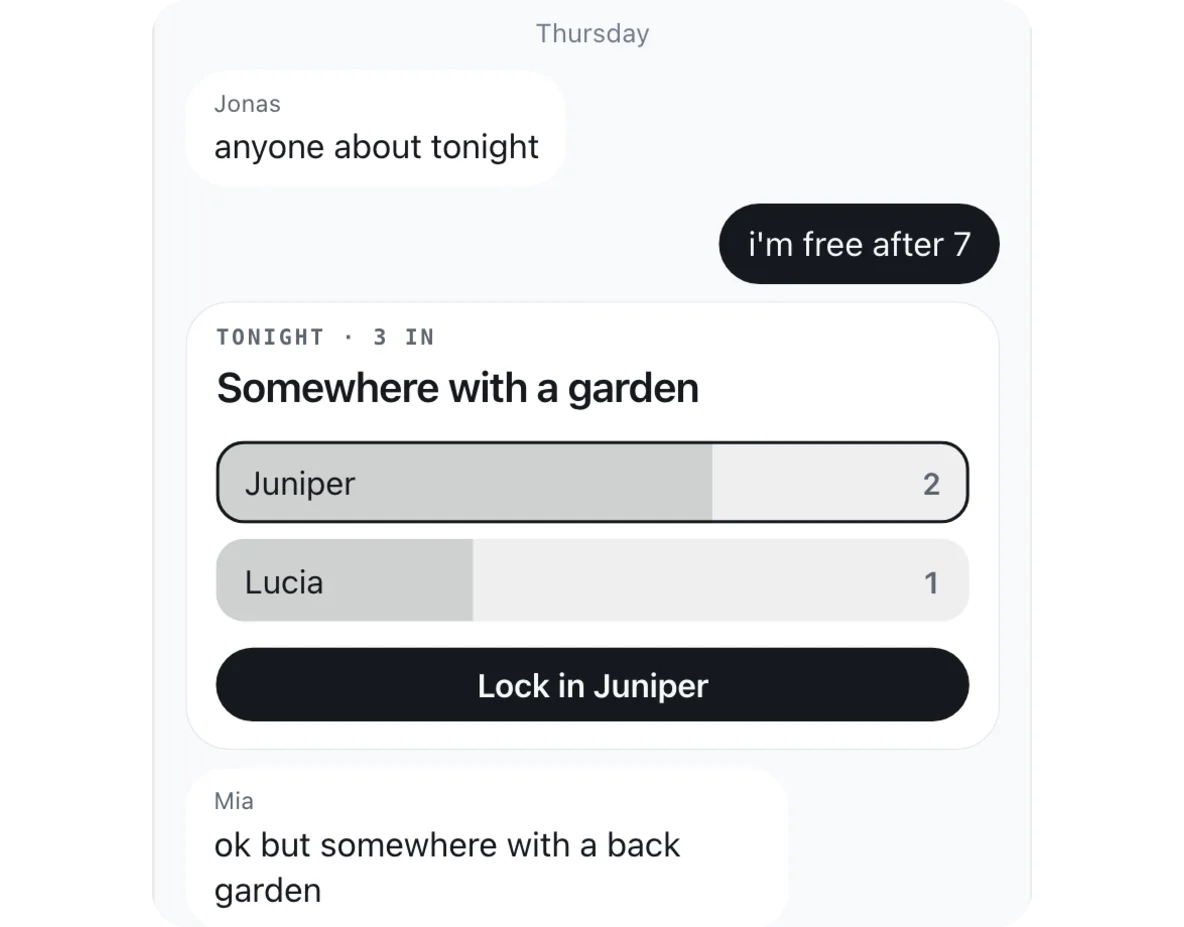 Studio mockup of option A: a group chat with a plan card, Somewhere with a garden, a two-row poll and a Lock in Juniper button