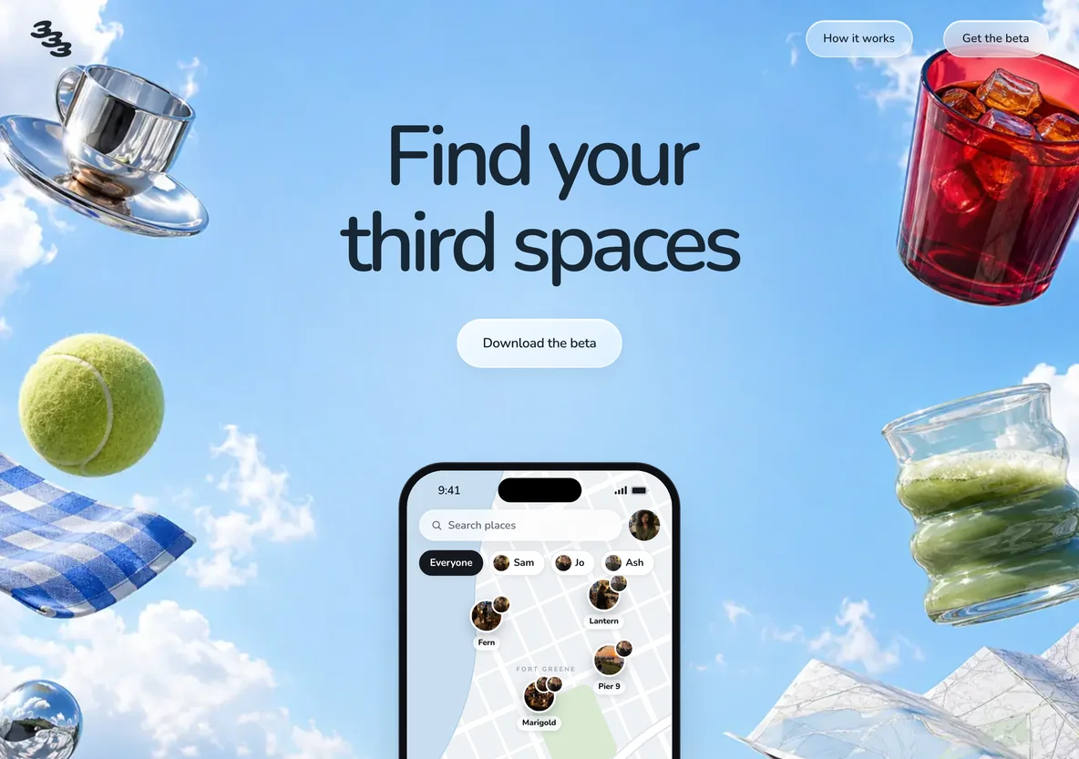 The 333.place landing: Find your third spaces over a blue sky, with a chrome espresso cup, a red glass, a tennis ball, gingham and a matcha glass around a phone showing the Places map