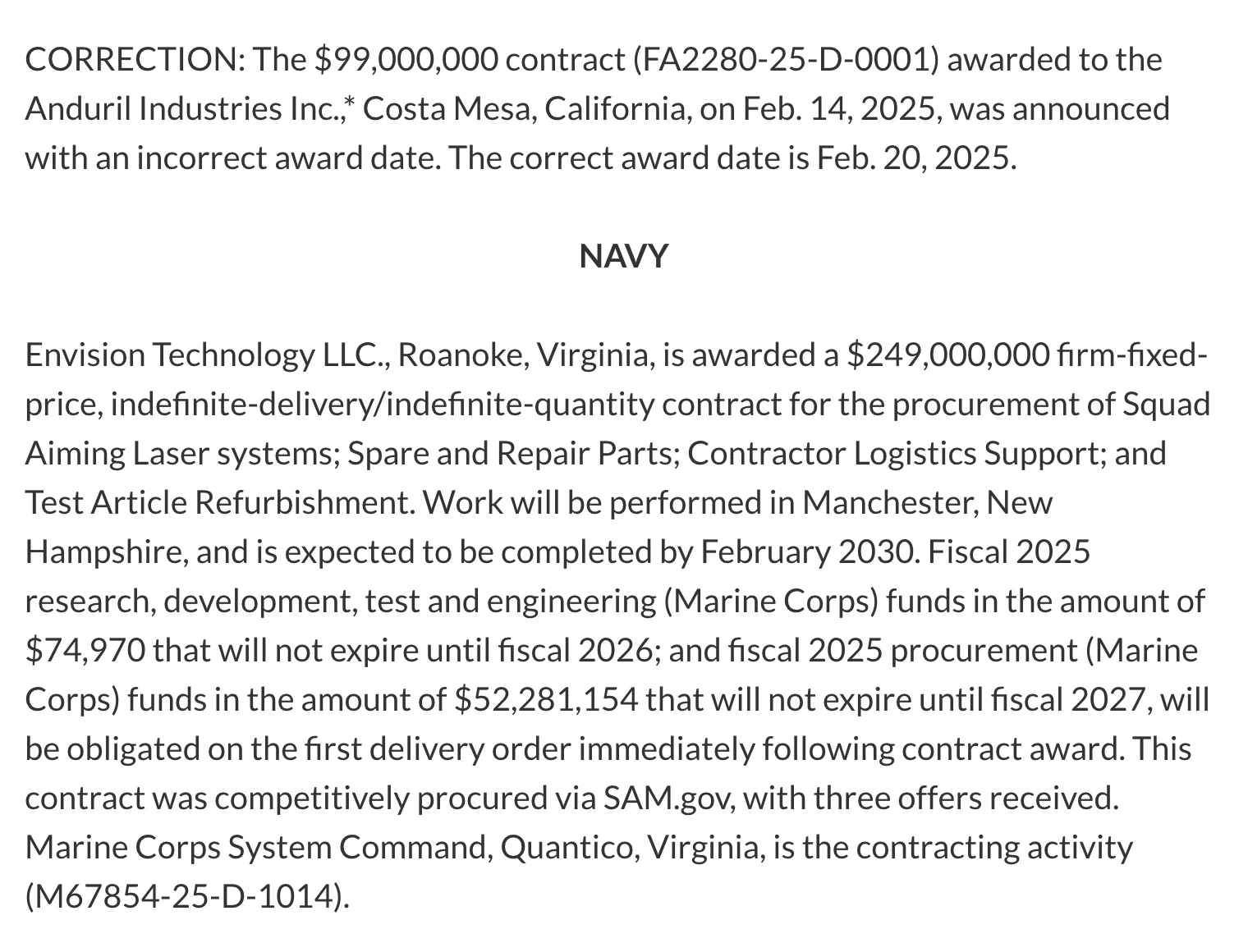 A crop of the archived defense.gov page: the end of the Air Force section, a correction about a $99,000,000 Anduril contract, the centered bold heading NAVY, and the first Navy award, Envision Technology's $249,000,000 contract for Squad Aiming Laser systems.