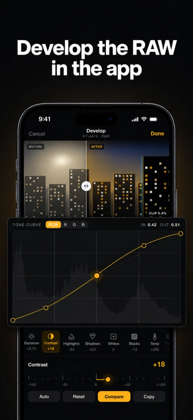 Kerner card 'Develop the RAW in the app'