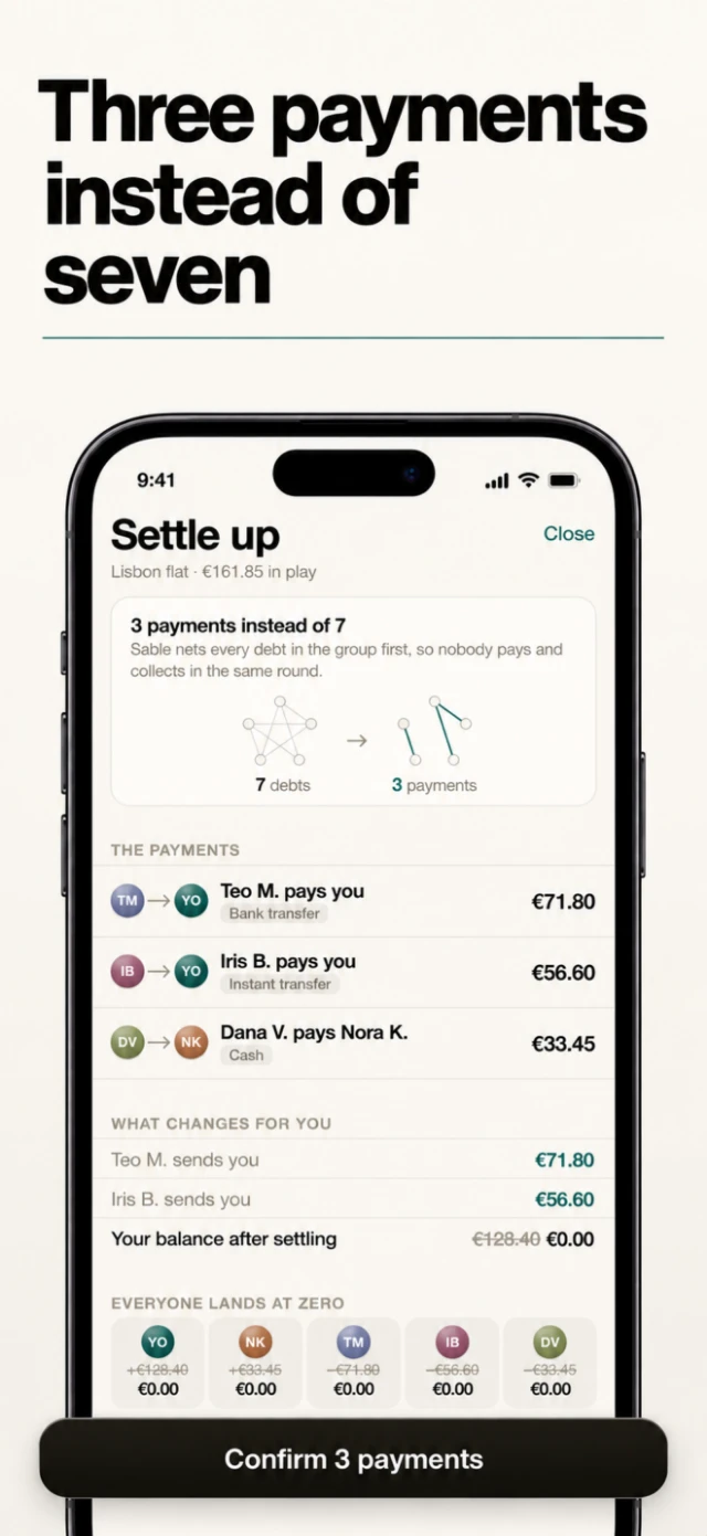 Sable card 'Three payments instead of seven' with the confirm button lifted out
