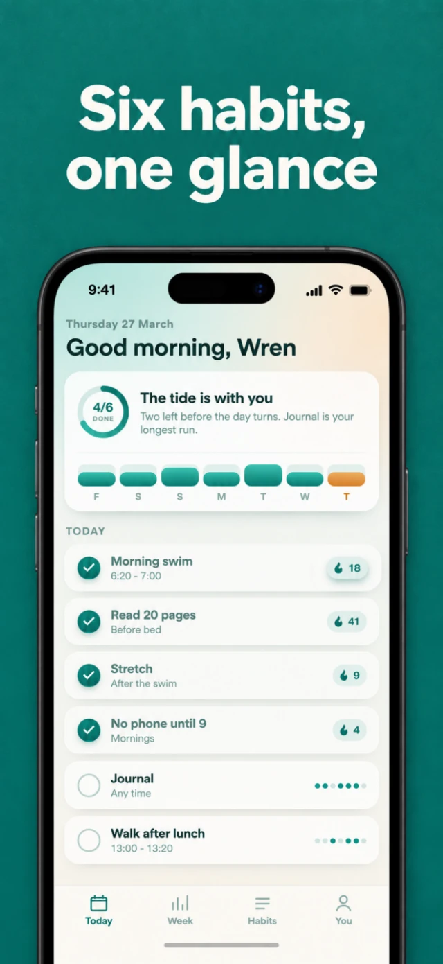 Tidepool card 'Six habits, one glance' in the color block direction