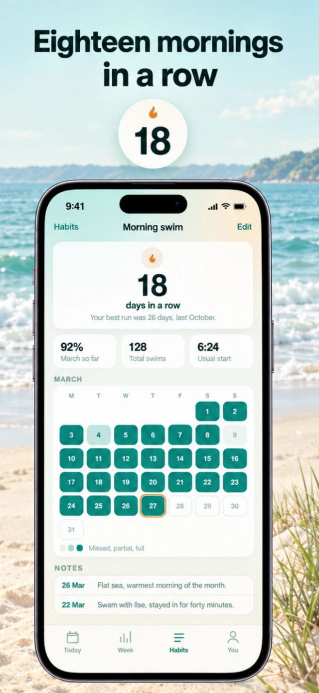 Tidepool card 'Eighteen mornings in a row' with the streak number lifted out