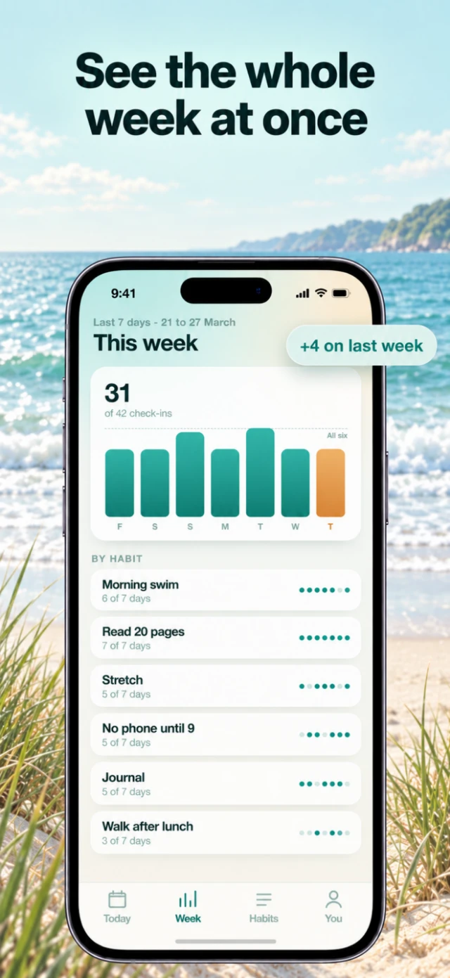 Tidepool card 'See the whole week at once' with the +4 on last week pill lifted out