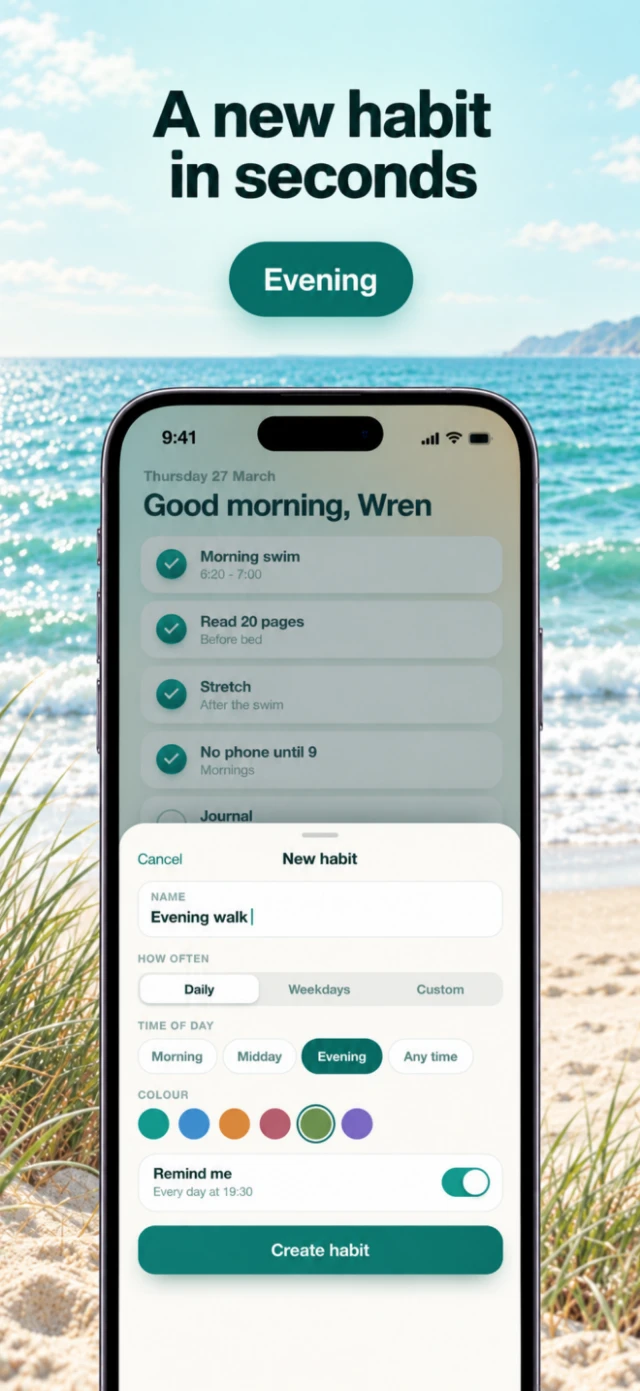 Tidepool store card: 'A new habit in seconds', phone on a beach backdrop