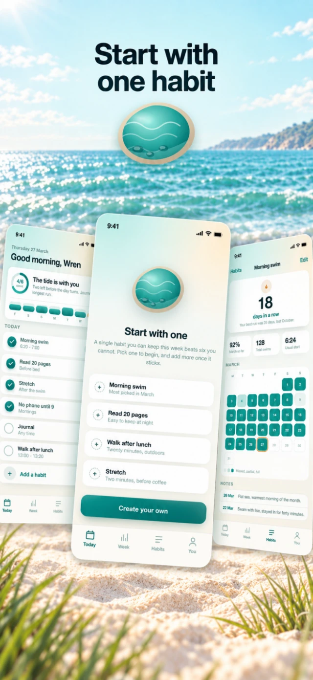 Tidepool store card: 'Start with one habit', a wall of screens