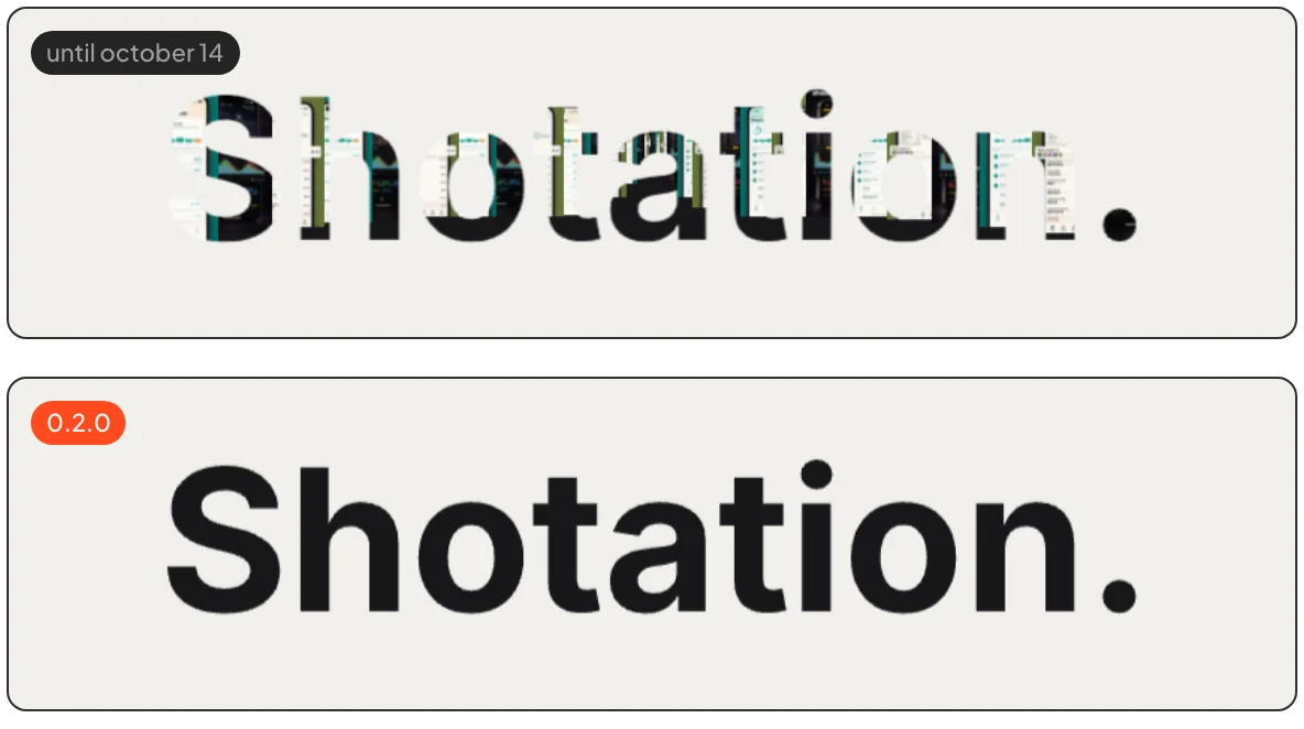 Two frames of the landing intro: the old wordmark with cards showing through the letters, and the 0.2.0 wordmark in solid type
