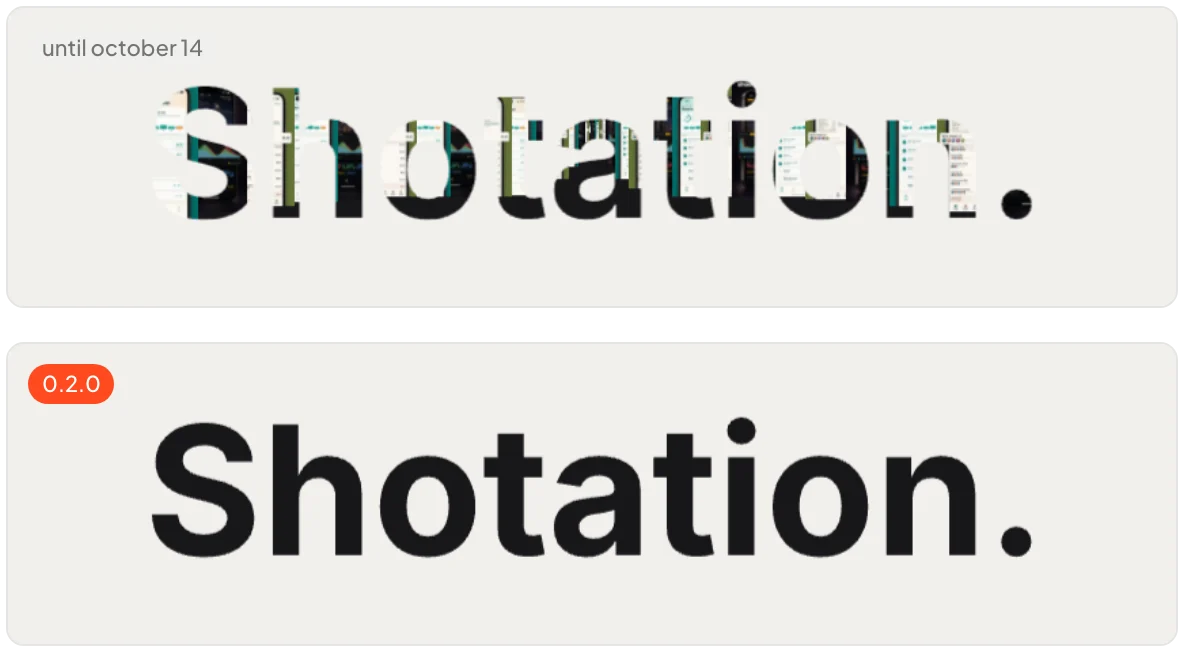 Two frames of the landing intro: the old wordmark with cards showing through the letters, and the 0.2.0 wordmark in solid type