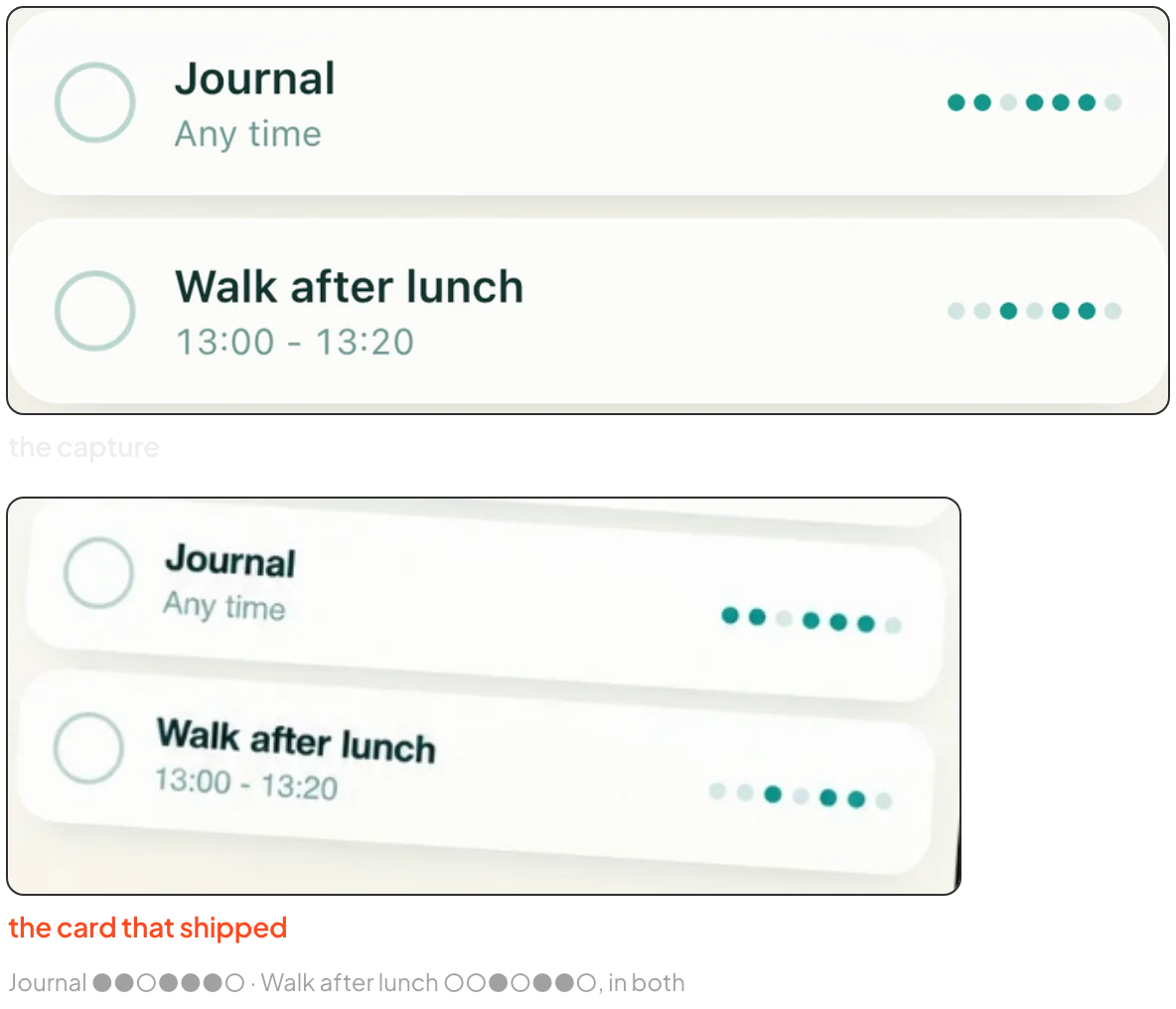 The Journal and Walk after lunch rows with their seven-day dot histories, cropped from the capture and from the shipped hero card; the dots match