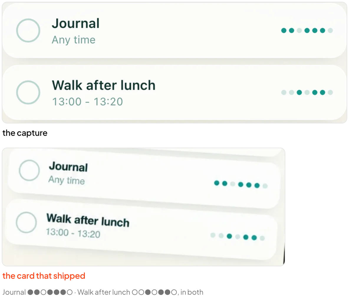 The Journal and Walk after lunch rows with their seven-day dot histories, cropped from the capture and from the shipped hero card; the dots match