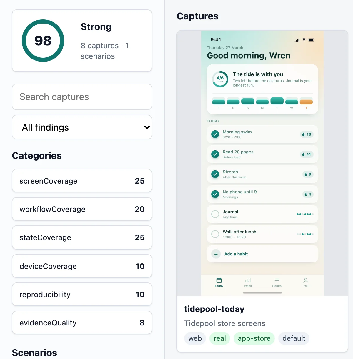 Shotation run viewer showing a score of 98, the six category scores and the tidepool-today capture tagged web, real, app-store