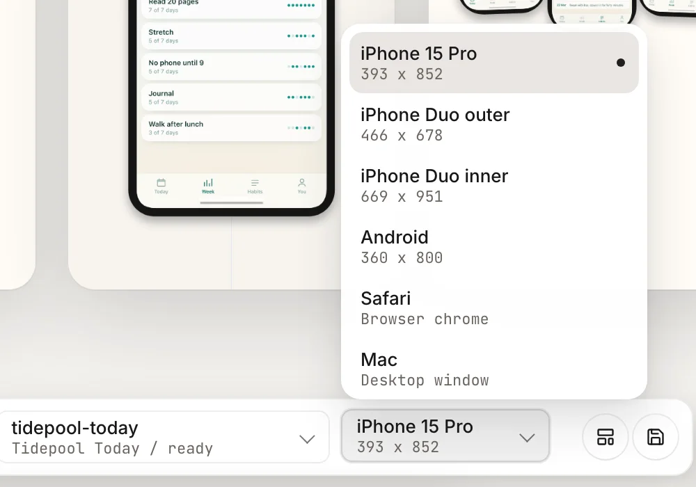 Studio device menu listing iPhone 15 Pro 393 by 852, iPhone Duo outer 466 by 678, iPhone Duo inner 669 by 951, Android, Safari and Mac