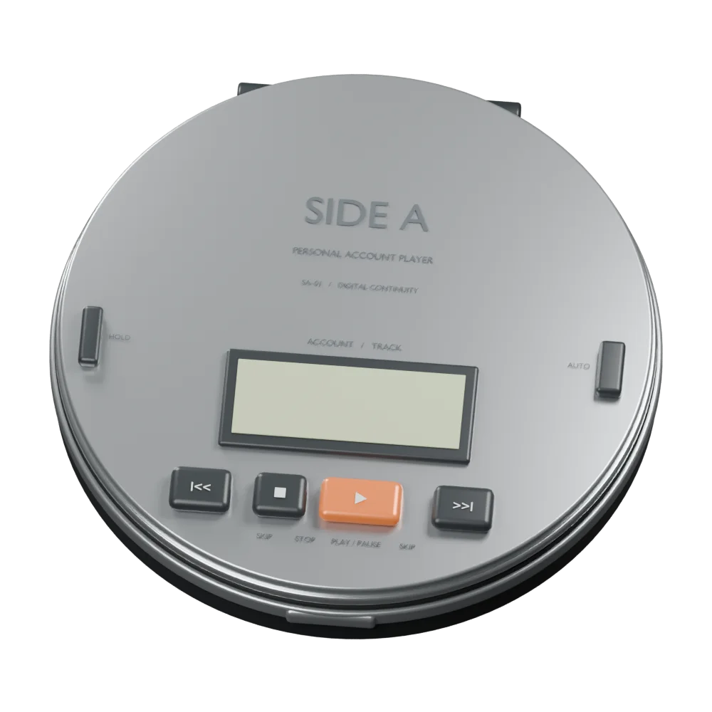 An early grey render of the round player with a blank LCD and an orange play button.