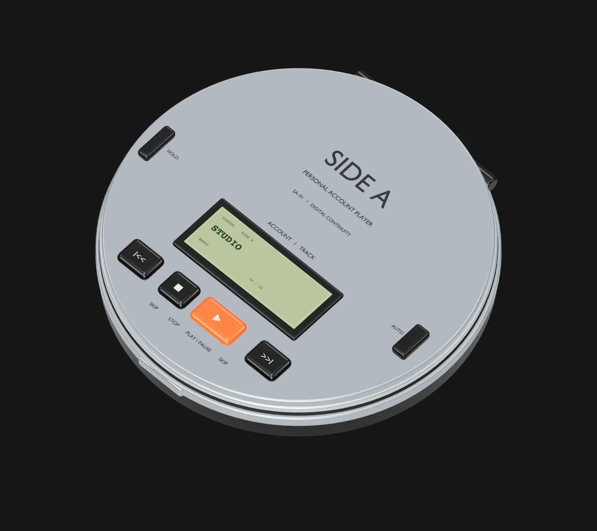 The closed player turned at an angle, its LCD reading STUDIO.