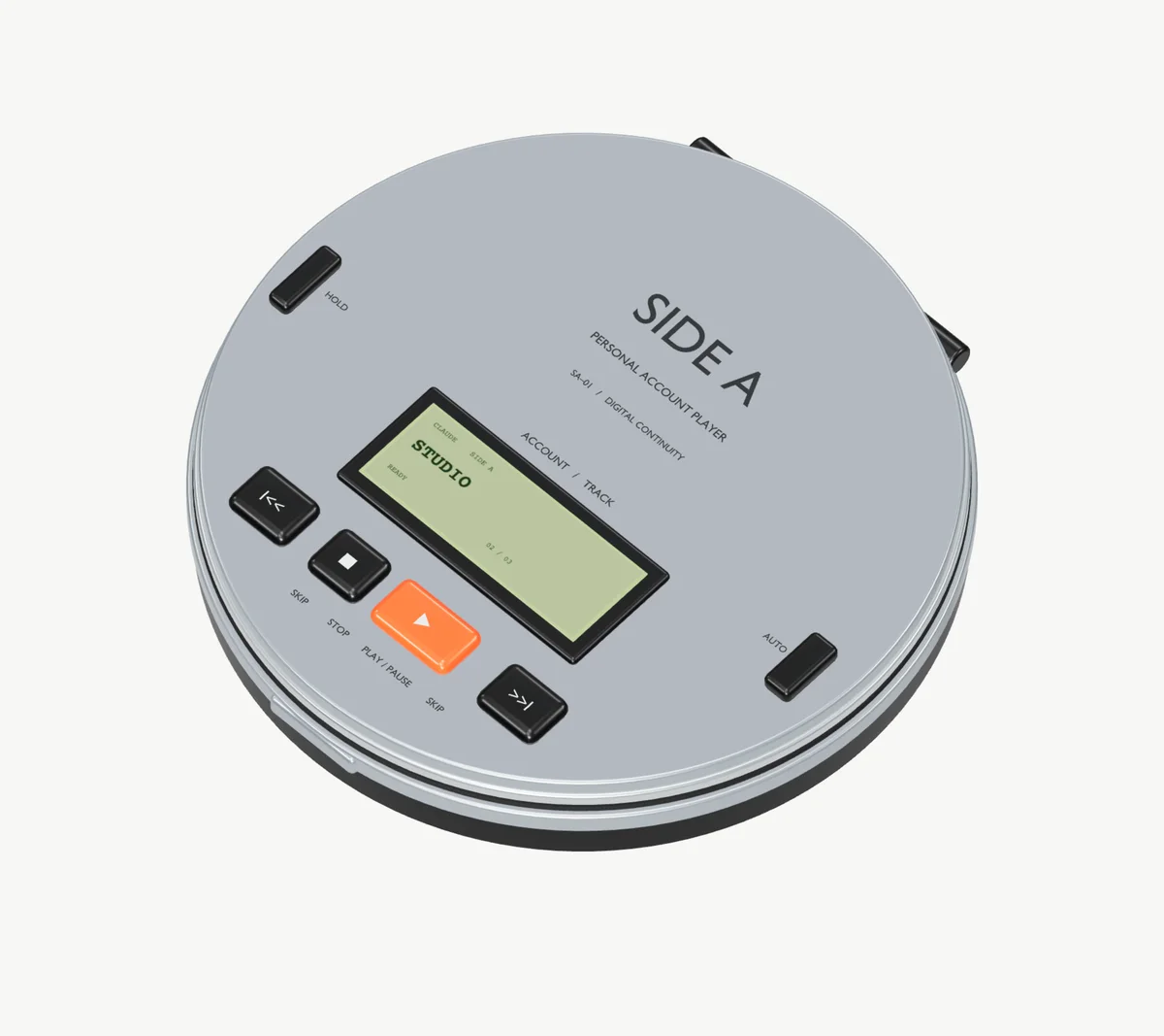The closed player turned at an angle, its LCD reading STUDIO.