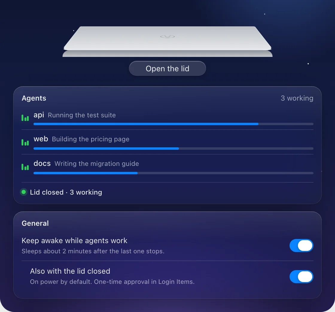 A closed laptop under a night sky above an Agents list with api, web and docs still running, the status Lid closed · 3 working, and the Keep awake switches on.