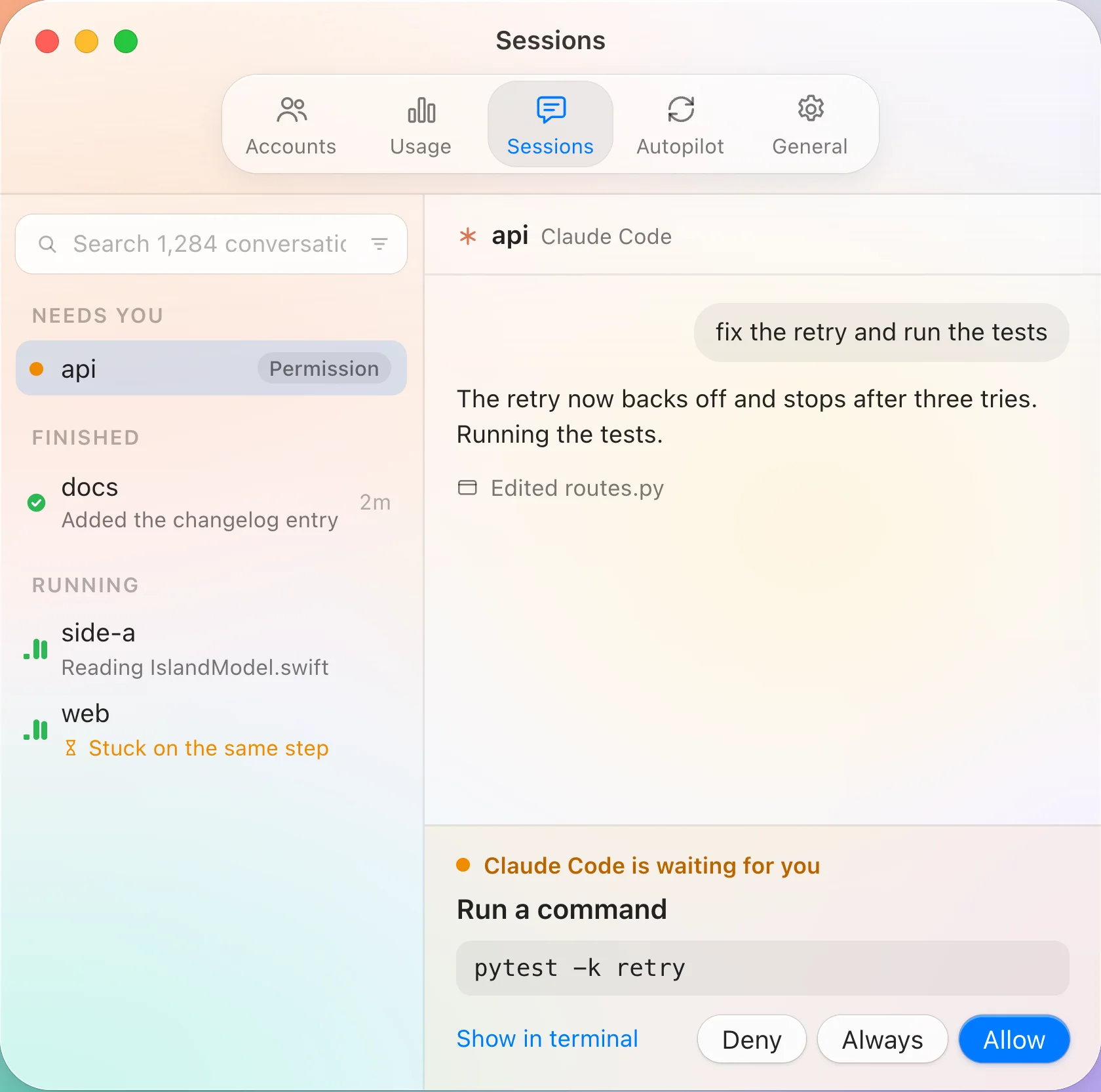 The Sessions window: a list with api needing permission, docs finished, side-a and web running; the api conversation on the right with a Run a command card and Deny, Always and Allow buttons.