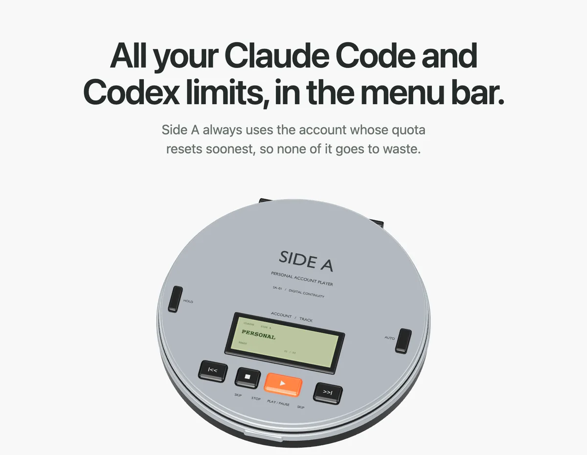 getsidea.com on October 6: the headline 'All your Claude Code and Codex limits, in the menu bar.' above a smaller player.