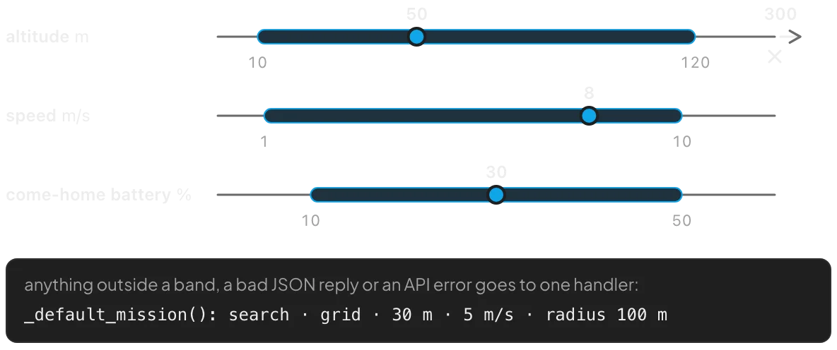 Number lines for altitude 10 to 120 m, speed 1 to 10 m/s, and come-home battery 10 to 50%, with the quick_search values inside each band and an altitude of 300 rejected