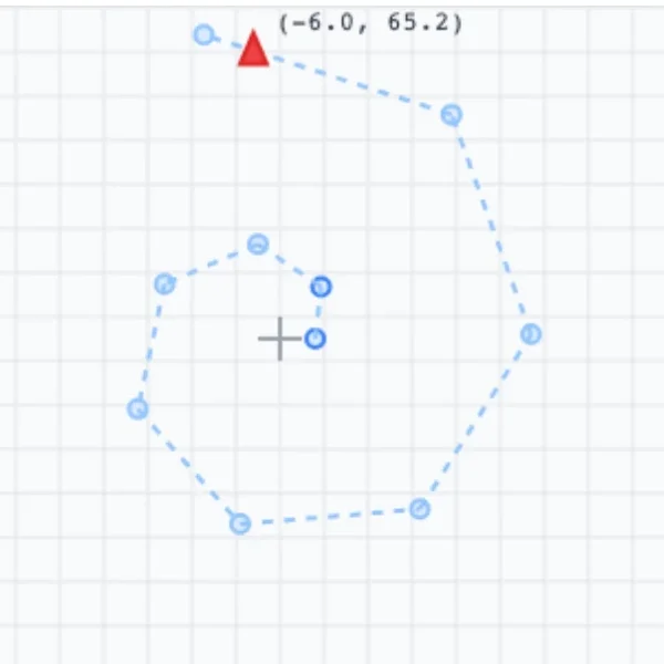 The first map: a hand-drawn grid with a red triangle for the drone and blue waypoint dots