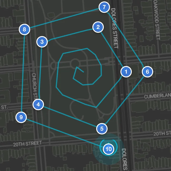 The MapLibre map over Dolores Park with numbered waypoint markers and the drone trail