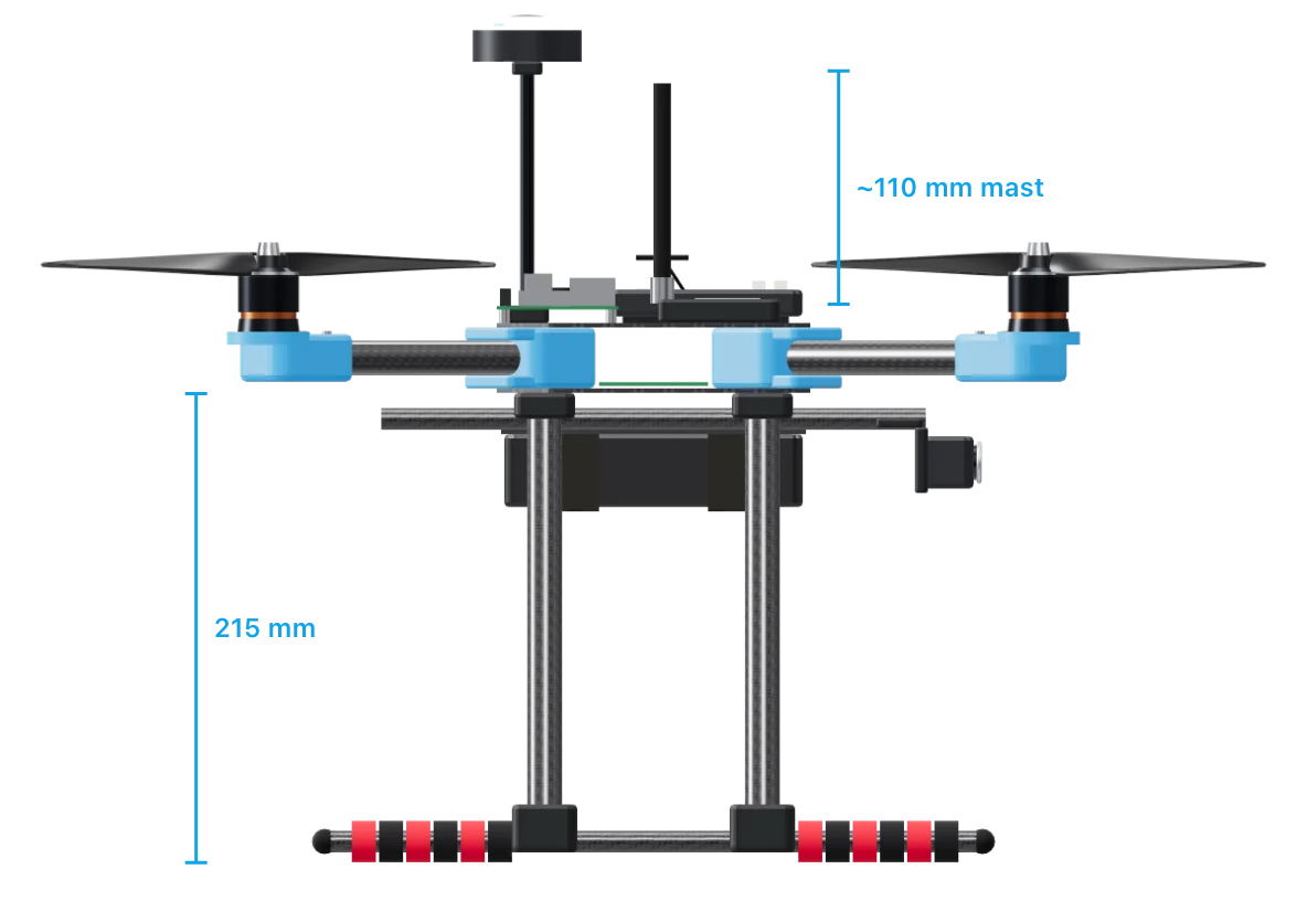 Side view of the X500 model with the 215 mm landing gear and the roughly 110 mm GPS mast dimensioned