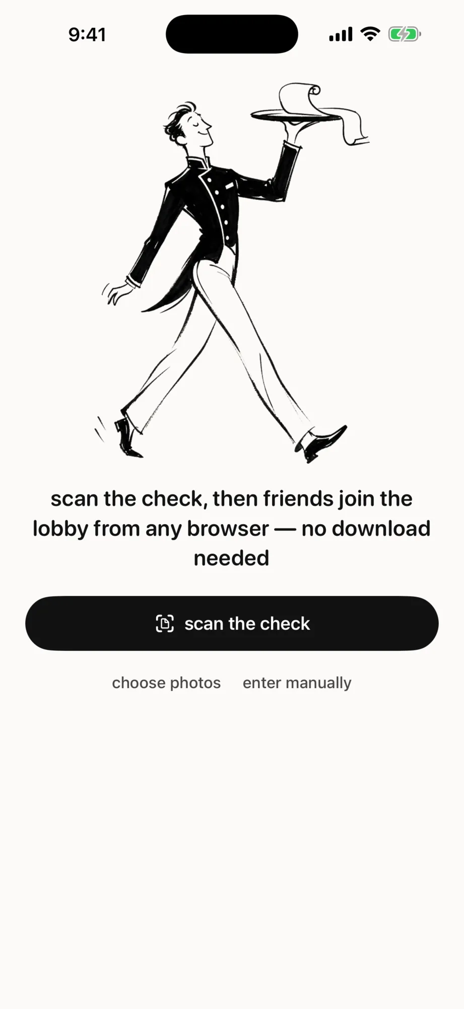 App Store screenshot: the iPhone app opens on a camera viewfinder under the inked doorman, with a 'scan the check' button
