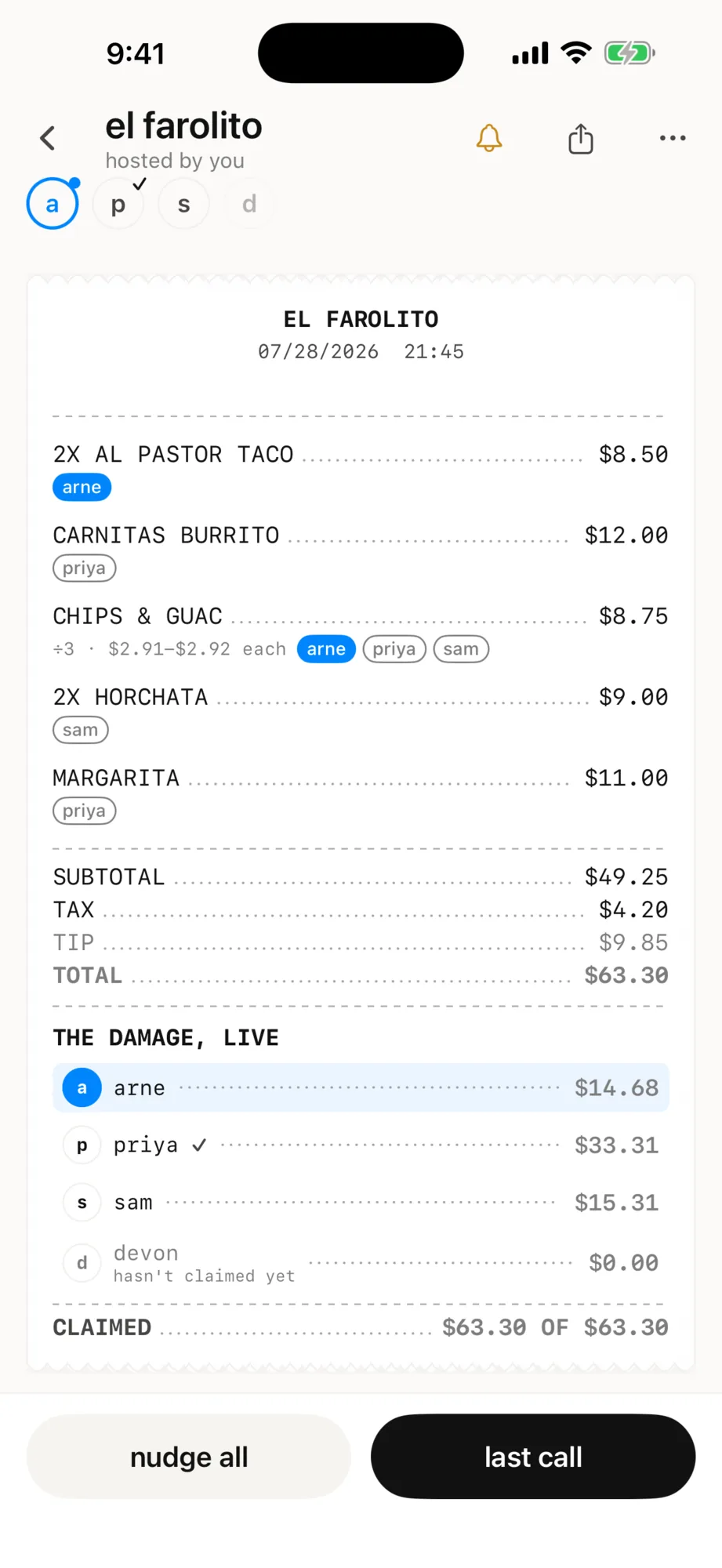 App Store screenshot: the host's live lobby, each line tagged with who claimed it and a live per-person tally