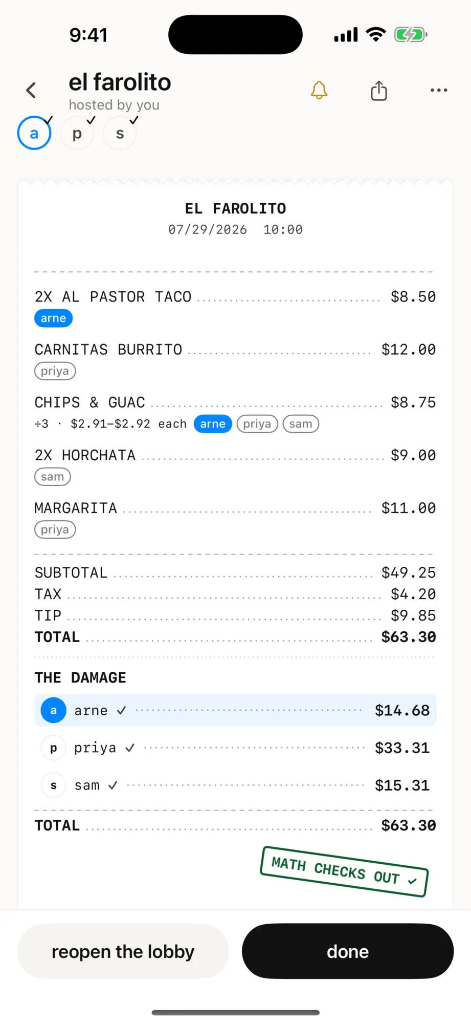 Current App Store screenshot: the locked El Farolito receipt with THE DAMAGE totals and the stamp