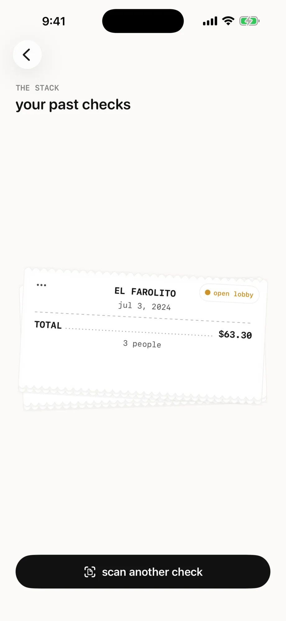 Current App Store screenshot: 'your past checks', one receipt lying slightly tilted on the stack