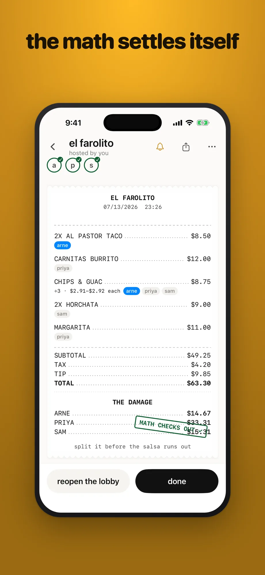 First App Store set: 'the math settles itself' on a brass gradient, with the stamp over the totals
