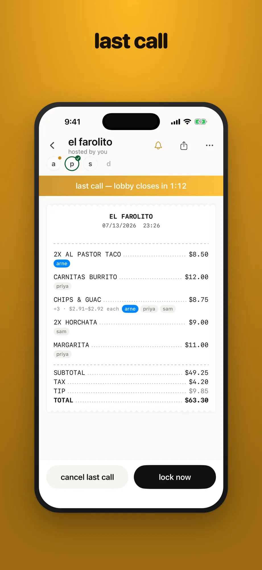 First App Store set: 'last call' on a brass gradient over the last-call screen