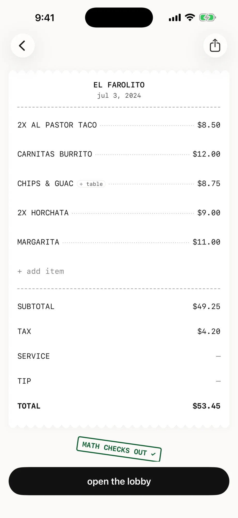 App Store screenshot: the parsed El Farolito receipt with every line and total, and an 'open the lobby' button