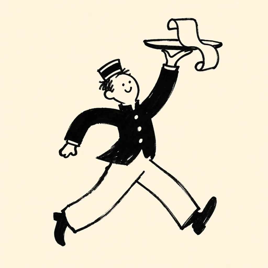 Ink drawing of a bellhop in a pillbox cap striding with a receipt on a raised tray
