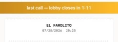 iPhone last call before the design loop: a brass banner across the top reading 'last call — lobby closes in 1:11'